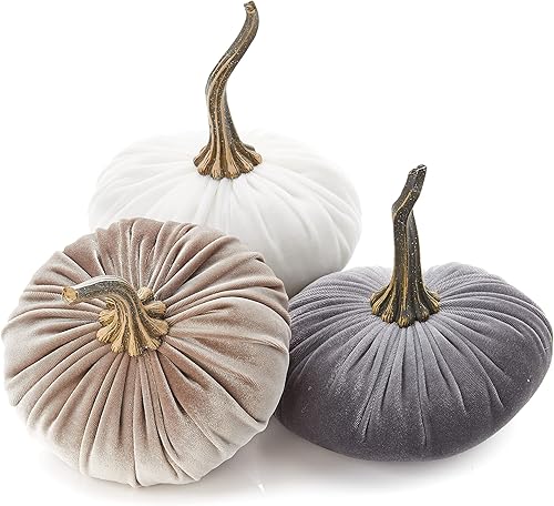 Set of 3 Velvet 6.25 Inch Pumpkins, Holiday Mantle Decor, Fall Halloween Thanksgiving, Rustic Fall Wedding Centerpiece Decor, Gift for Her (Gray,