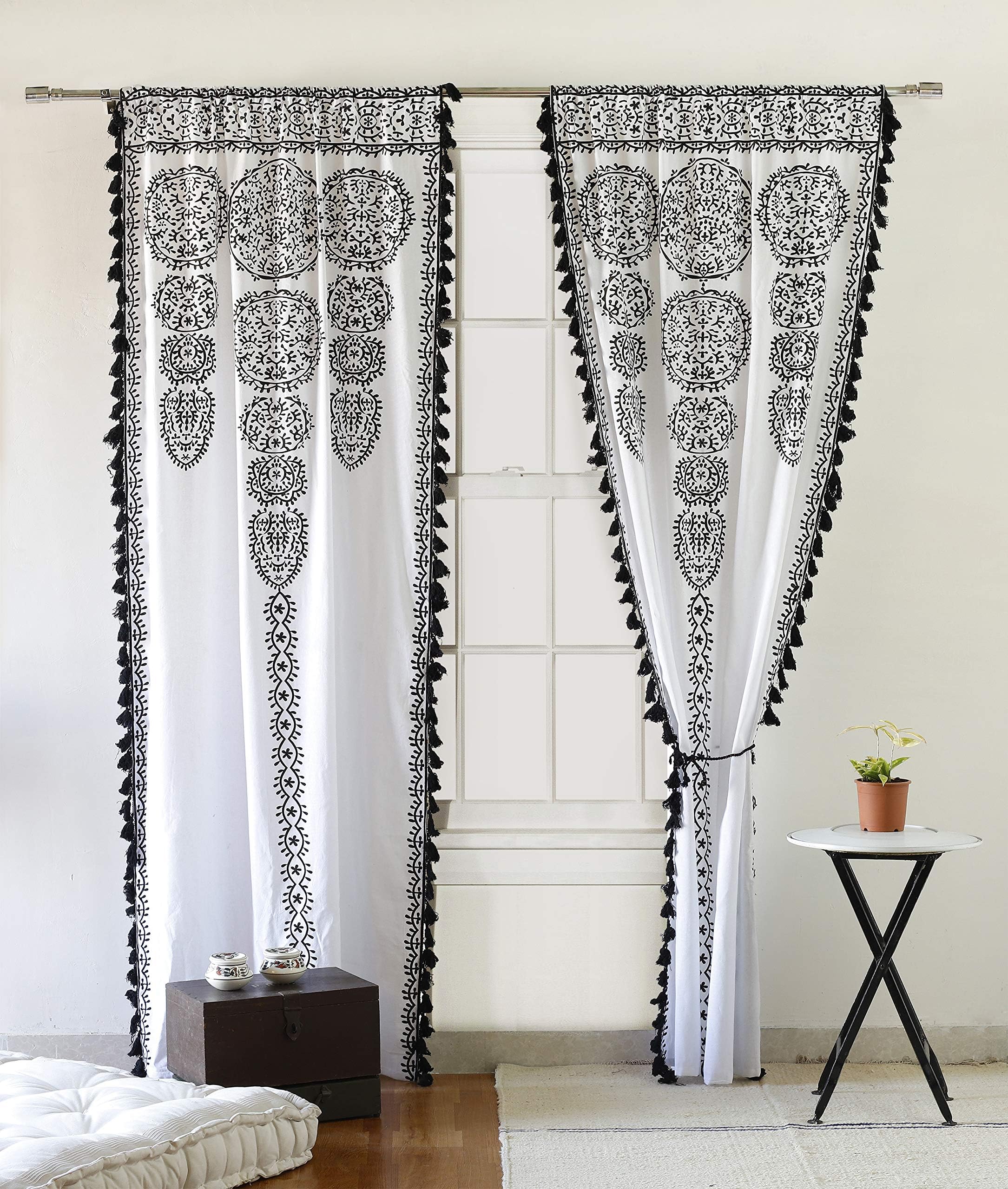 Labhanshi Tapestry Boho Floral Curtains - Indian Vintage Room Divider Ombre Mandela Black & White 87" L X 41" W - Wall Tapestry for Living Room With Pom Pom Lace - Hippie Sheer Curtain