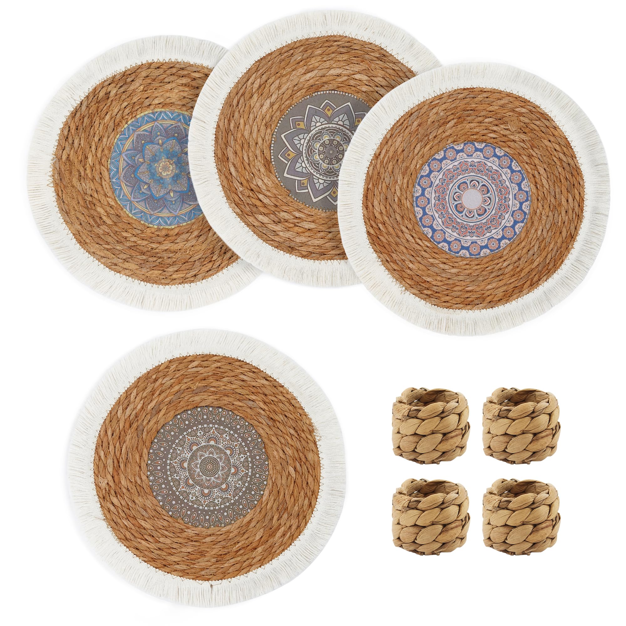 fanquare Bohemian Table Mats Set of 4 Rattan Braided Placemats and Napkin Rings Round Table Mats with Tassels Heat Resistant Washable Non-Slip Tablemats for Dining Kitchen Table Decoration 35cm