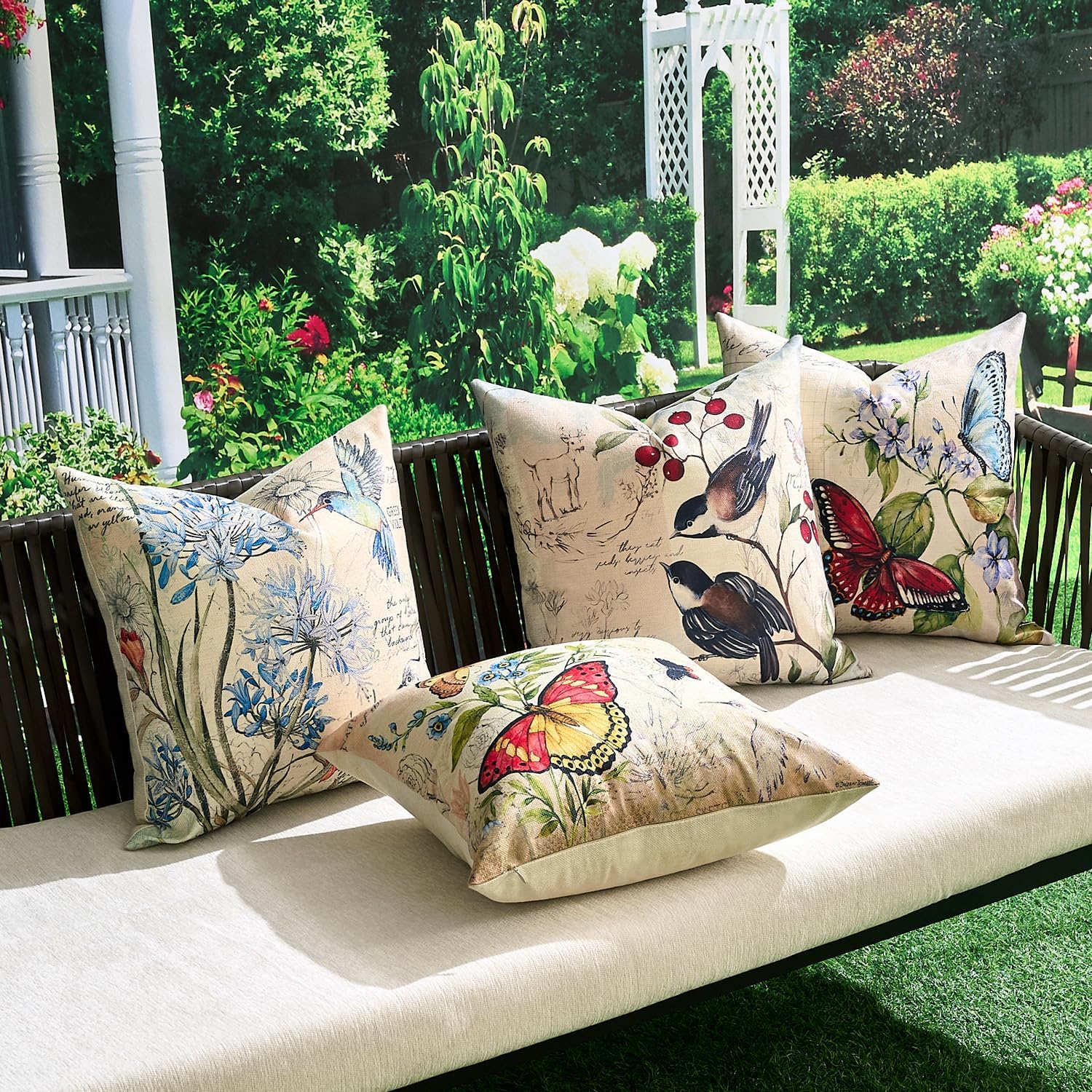 Cushion Covers for Outdoor Sofa Garden Flowers Butterfly Bird Decorative Cushion Covers Spring Summer Waterproof Linen Square Cushion Covers for Bed Living Room Home Set of 4