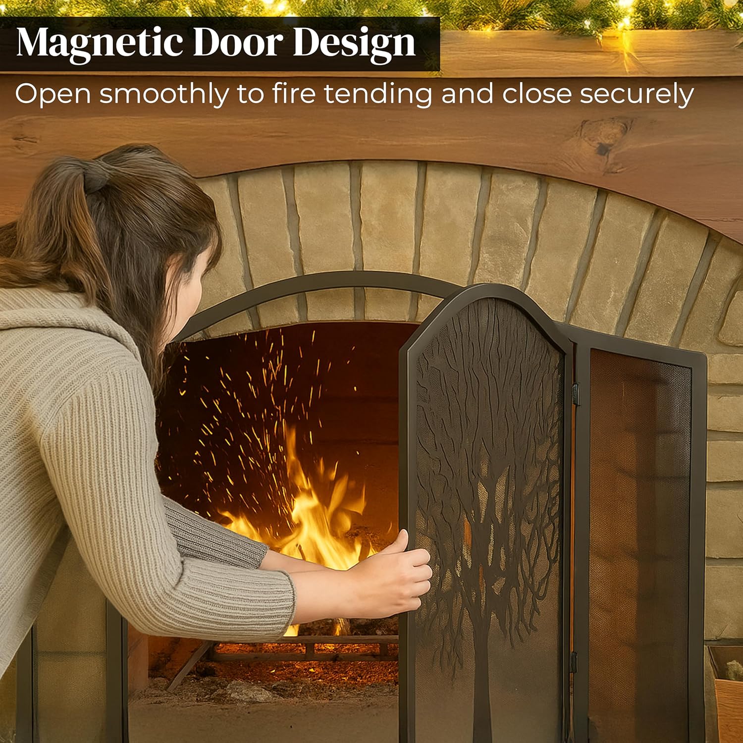 Plow & Hearth Metal Fireplace Screen Tree of Life Black | 44" W x 33" H | Magnetic Hinged Door | Spark Guard Cover | Stand Alone Wrought Iron Panel Fire Place Cover