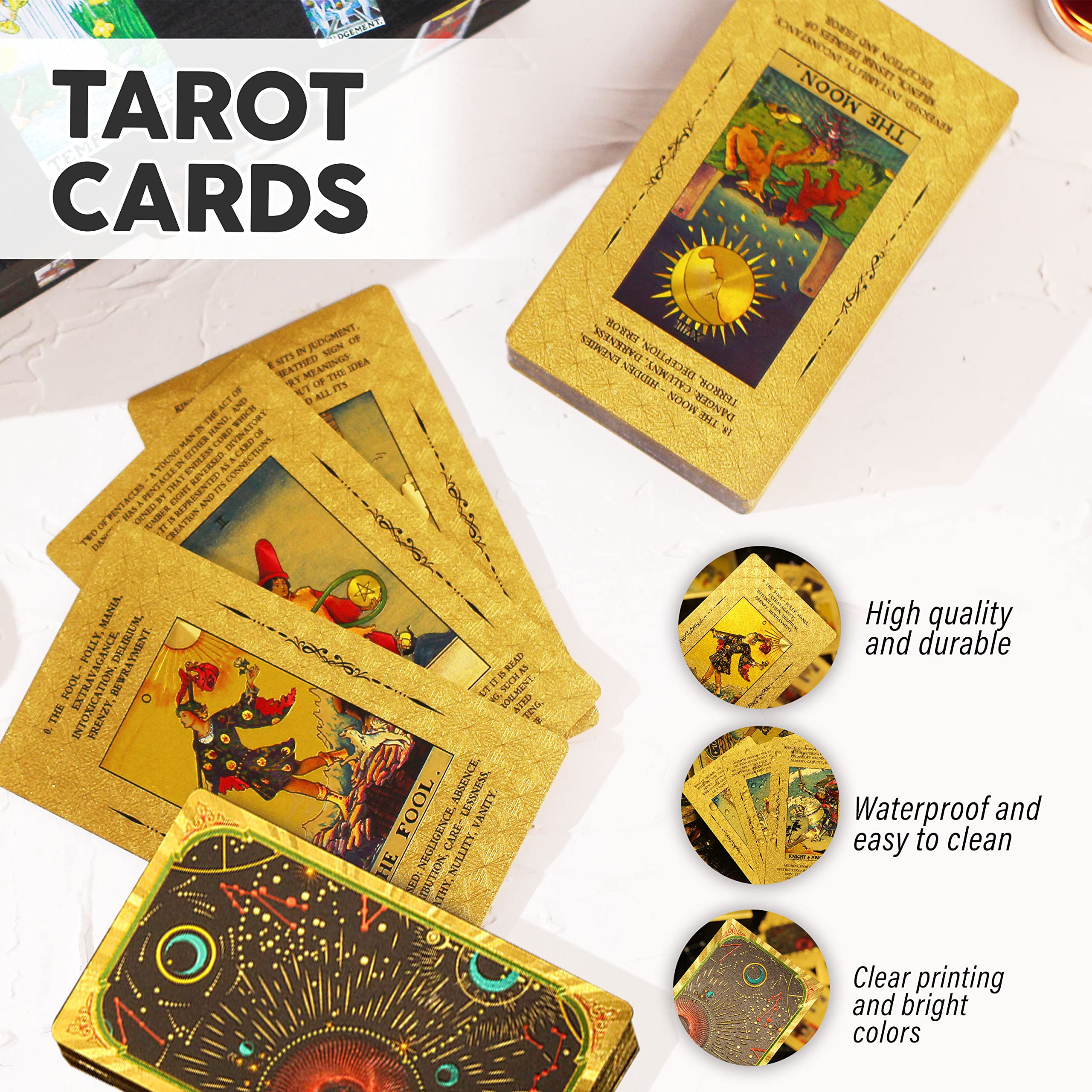 Gold Foil Tarot Cards Set - 80 PVC Cards With Guide Book & Holders