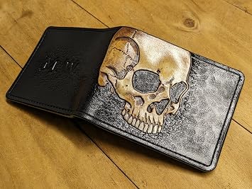 Theodoros Gothic Skull Leather Wallet for Men Dark Fantasy Skeleton Design RFID Genuine Leather Bifold Biker Wallet, Embossed, Carved, Tooled & Painted Wallet, Custom Personalized Gift