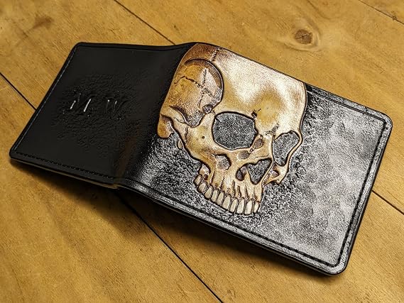 Theodoros Gothic Skull Leather Wallet for Men Dark Fantasy Skeleton Design RFID Genuine Leather Bifold Biker Wallet, Embossed, Carved, Tooled & Painted Wallet, Custom Personalized Gift
