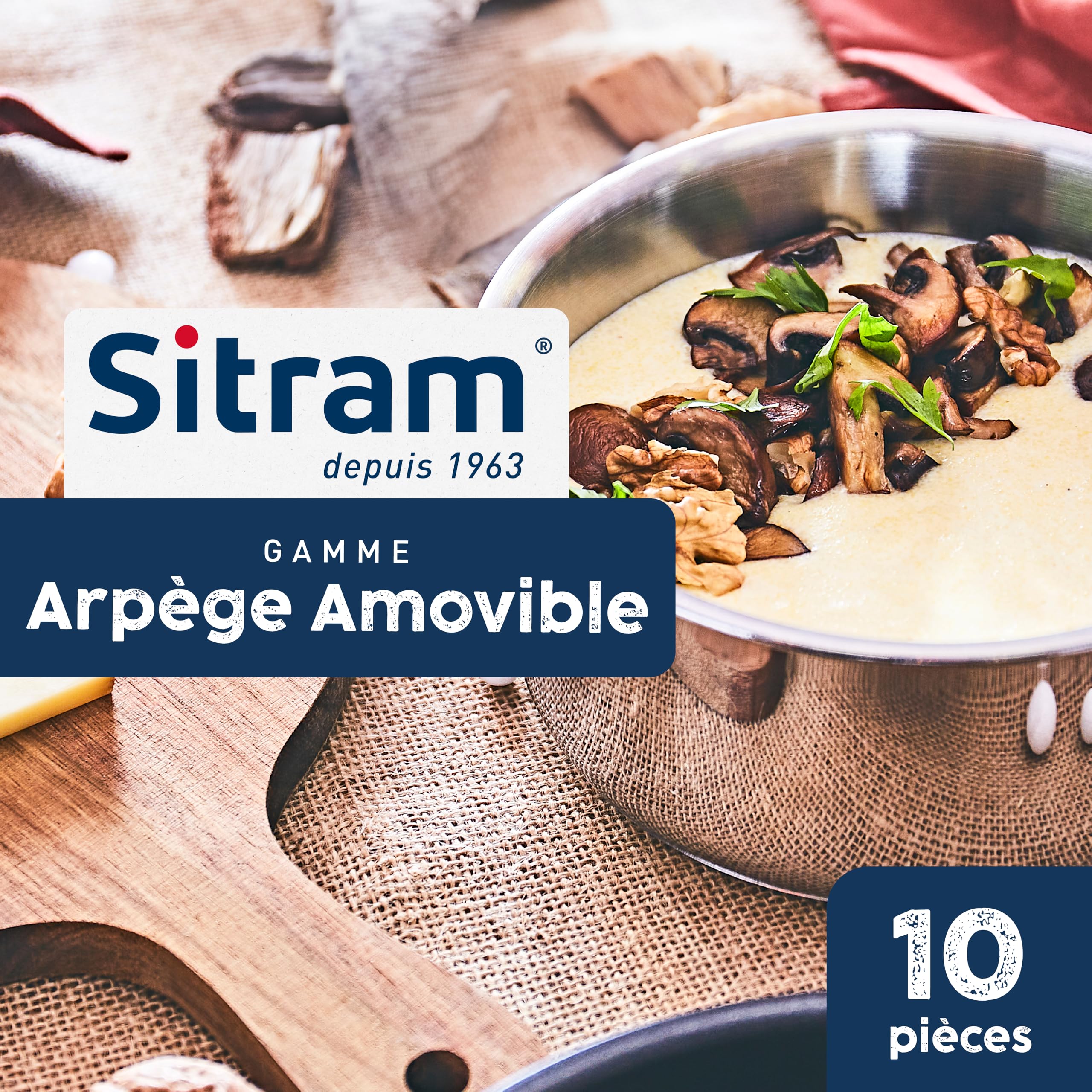 Sitram 717373 Batterie Cuisine 6 pcs 100% Inox : 1 manche amovible, 2 casseroles Ø18,20 cm, 2 poêles Ø20,24 cm, 1 couvercle verre Ø20 cm - Tous feux dont induction - Cuisine Saine Garantie