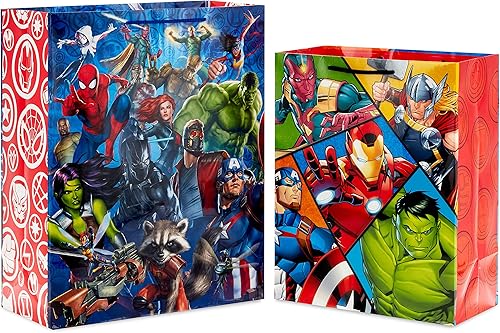 Hallmark Marvel Avengers - Juego de bolsas de regalo de superhéroe (1 bolsa grande de 13 pulgadas y 1 bolsa extragrande de 15 pulgadas) con