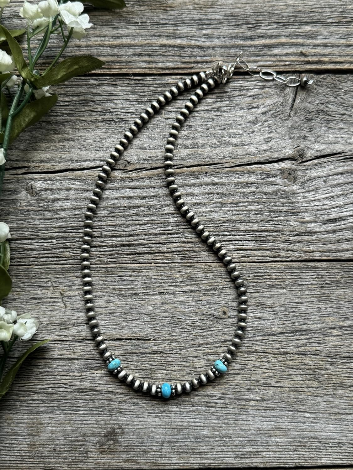 Sterling Silver 4mm Pearls with Turquoise Bead Necklace Choker. 14 inch southwestern jewelry "Navajo Style"