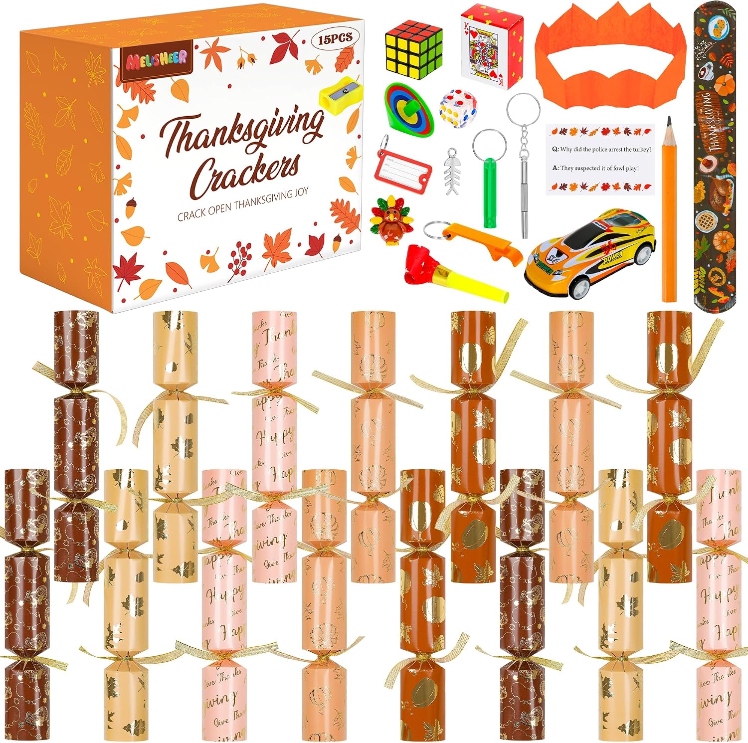 15 Pack Thanksgiving Crackers, Five Style Thanksgiving Party Favors, No Snap No Popping Pumpkins Design Holiday Crackers with Dice Hats and Gifts for Thanksgiving Table Decor Games for Family
