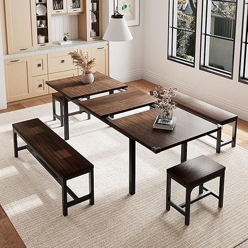 Juego de mesa de comedor de 5 piezas para 4-6, juego de mesa de cocina extensible de 63" con 2 bancos y 2 taburetes, juego de mesa de comedor