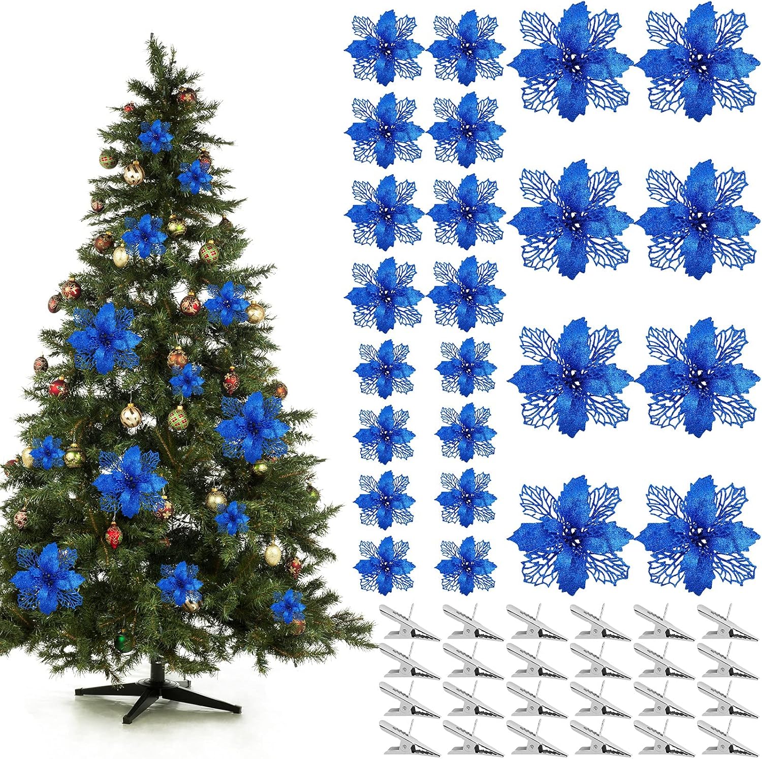 MCEAST 24 Pieces Christmas Artificial Poinsettia Flowers with 24 Clips Glitter Christmas Flower for Christmas Tree Ornaments Xmas Wedding Party Decor, Blue