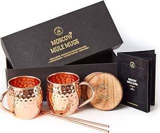Moscow Mule Copper Mugs Set - 2 Authentic Handcrafted Copper Mugs (16 oz.), 2 Straws, 2 Solid Wood Coasters and Recipe Book - Gift Box Included