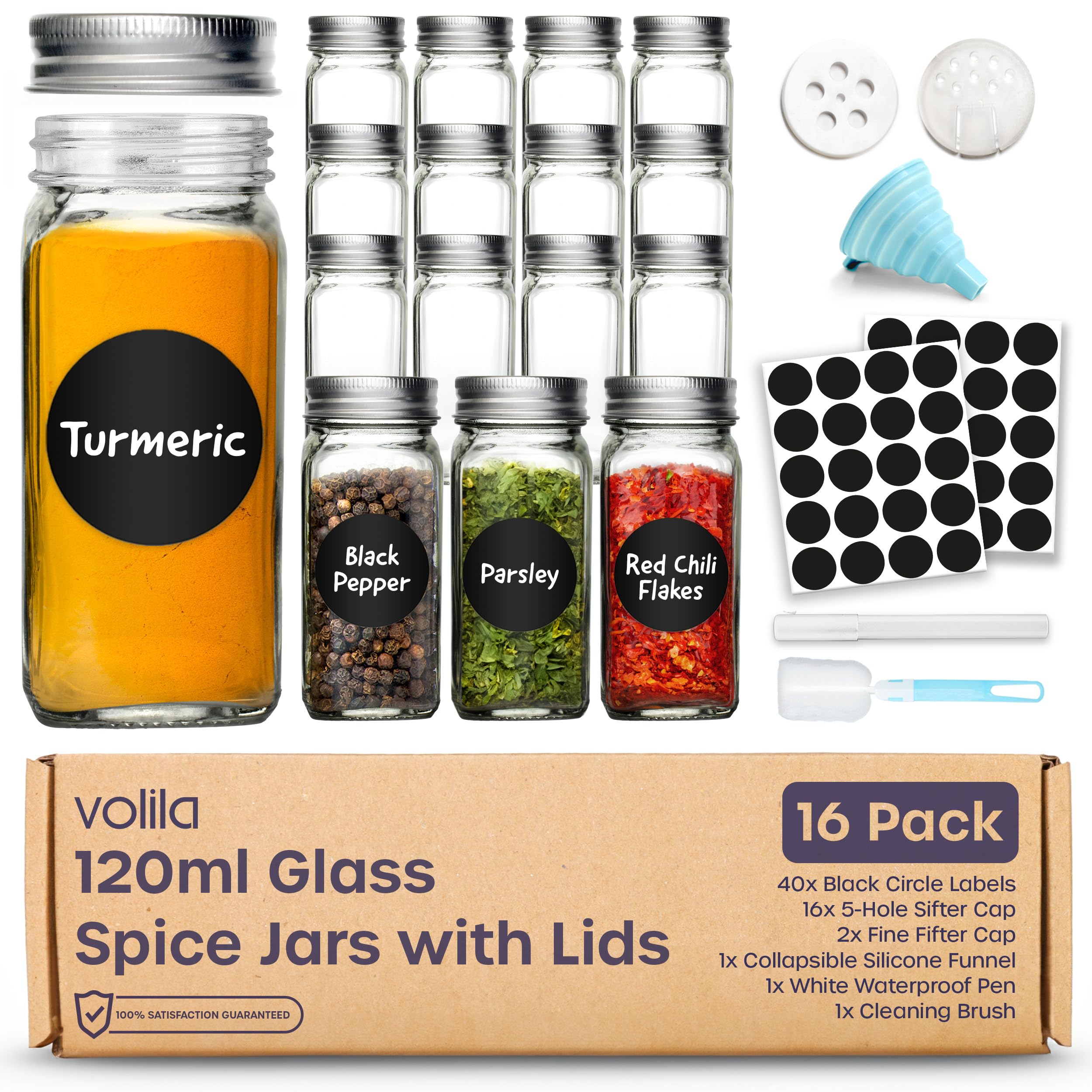 Airtight Glass Spice Jars 16-Pc Set - 120ml with Labels, Pen, and Sponge
