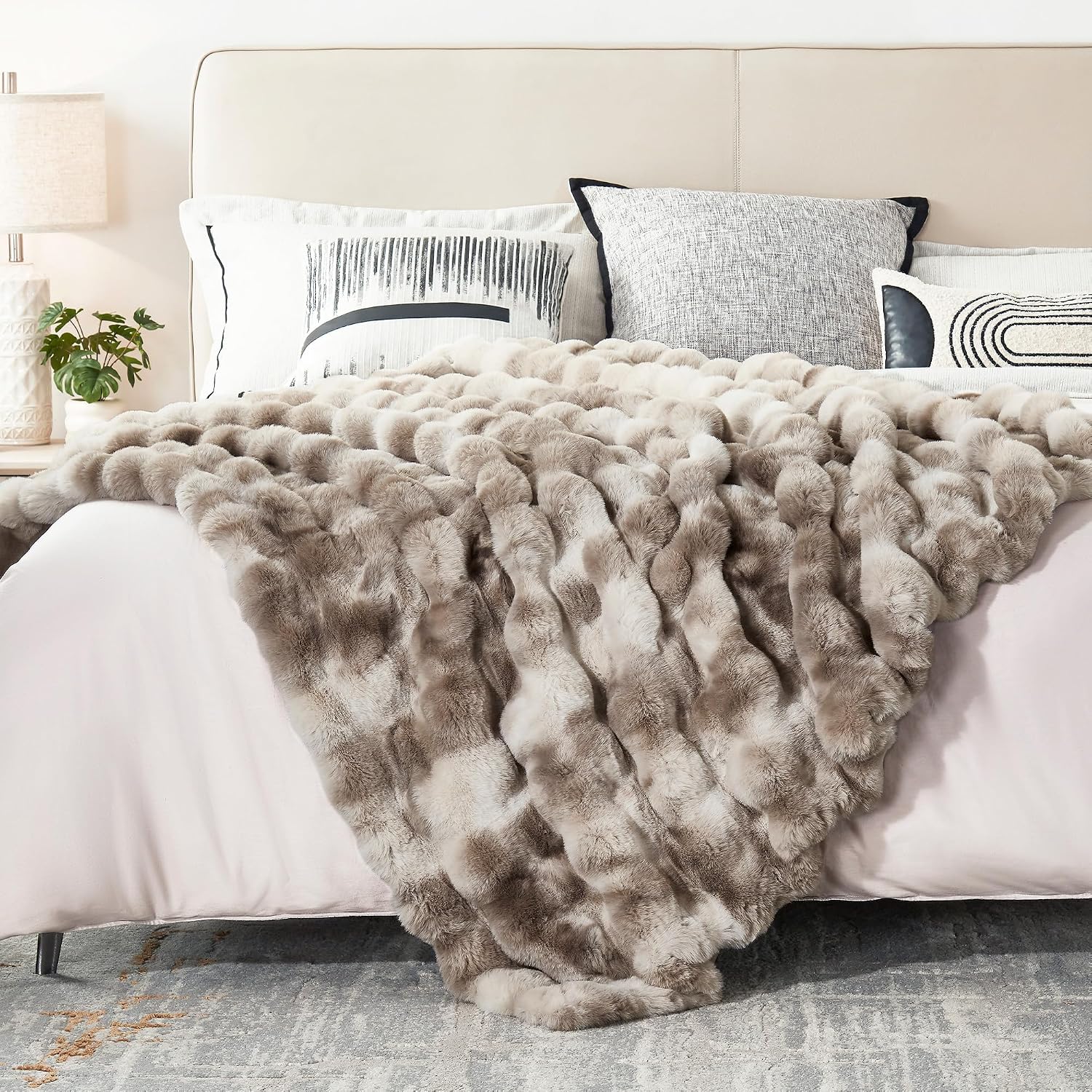 JONIYEAR Soft Fuzzy Tie-dye Bubble Faux Rabbit Fur Throw Blanket for Couch Chair 50" x 60", Reversible Textured Thick Warm Fluffy Blanket for Winter, Brown image 2