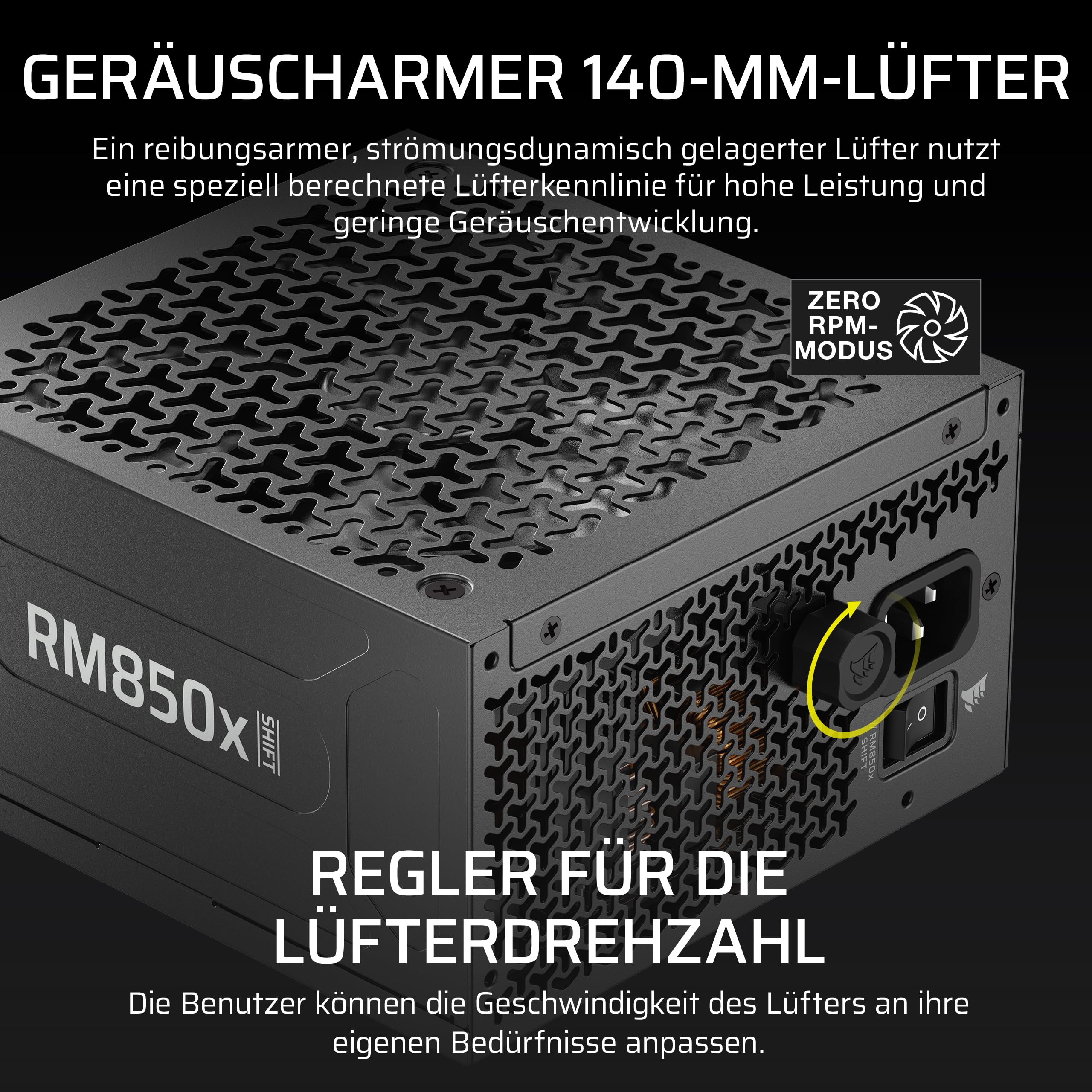 CORSAIR RM850x Shift (2025) Vollmodulares ATX-Netzteil – Modulare Seitenschnittstelle, 12-V-2x6-Kabel, ATX 3.1 und PCIe 5.1, Lüftergeschwindigkeit, 105°C-Kondensatoren, Cybenetics Gold – Schwarz