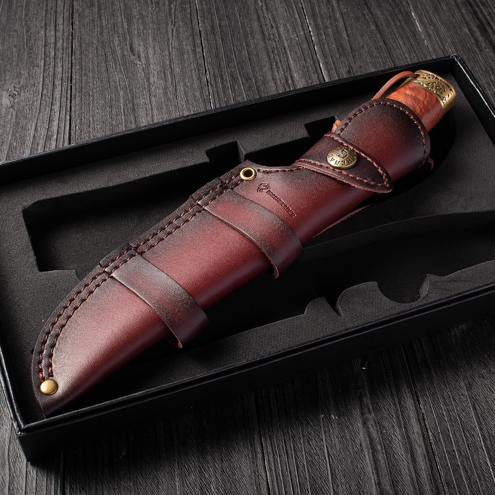 DRACHENADER coltello da caccia lama fissa Yu - Ln, 14,7cm lunghezza lama cintura con fodero in pelle, acciaio 5Cr14moV, manico in legno, campeggio sopravvivenza all'aperto