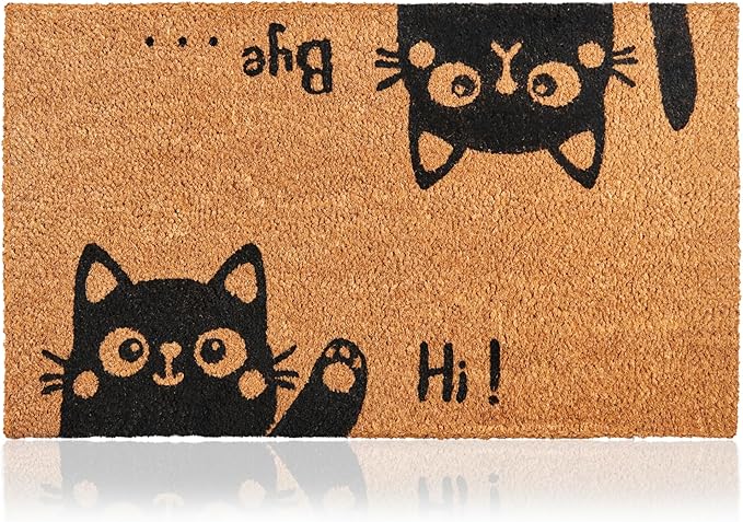 Hi-Bye Cat - 17"x29" - Coir Door Mat with Heavy Duty Backing - Welcome Mats for Entryway, Porch - Anti-Slip PVC & Coconut Fiber Surface - Natural Home Accessories, Minimalist Original Design