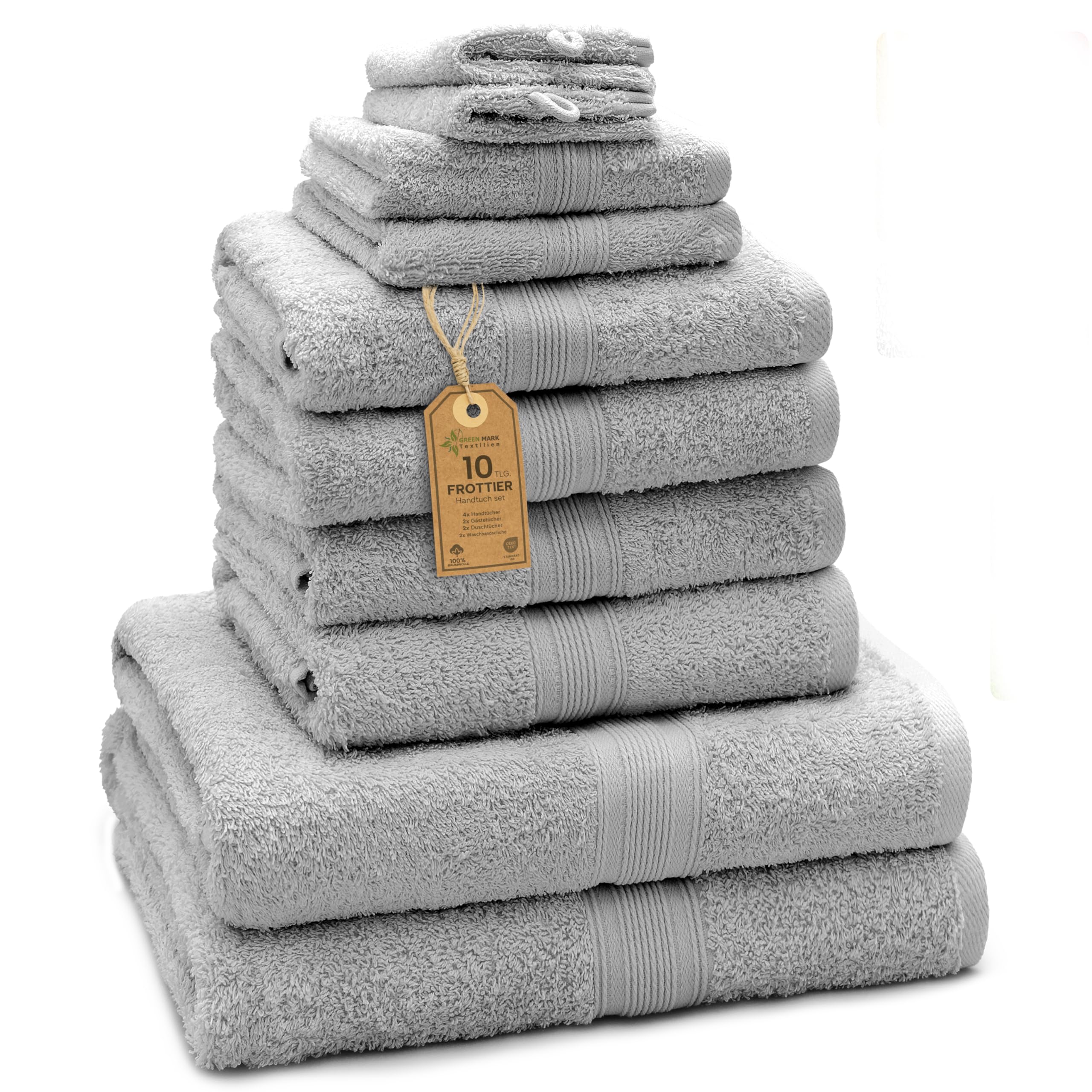 Green Mark Lot de 10 Serviettes 100% Coton – 4 de Main 50×100, 2 de Douche 70×140, 2 d’invités 30×50 et 2 Gants de Bain - Gris Argenté