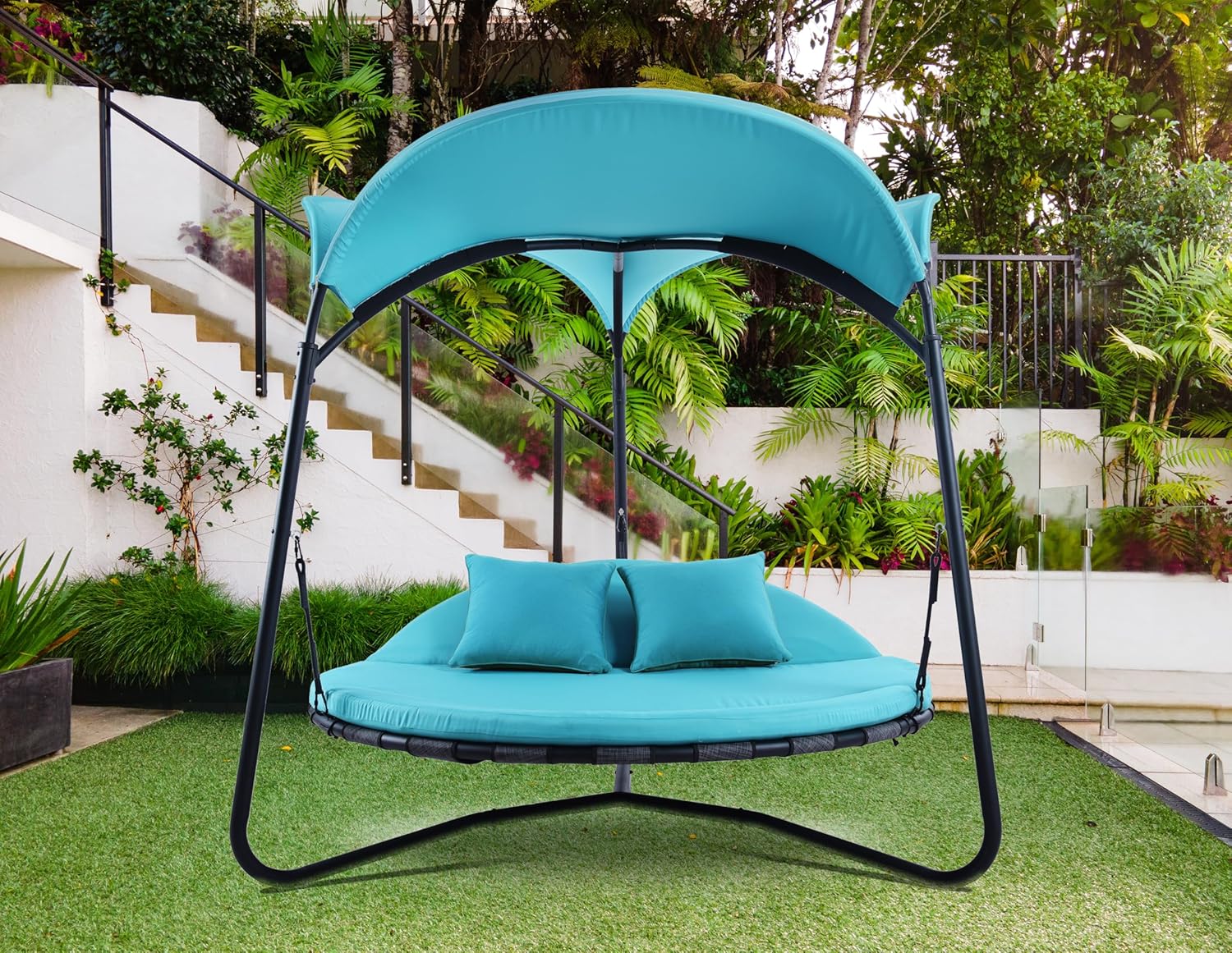 Outdoor Porch Swing Chair with Canopy, Steel Frame, Turquoise Cushion and Pillows, 56.7 x 68.5 x 54.7 inches