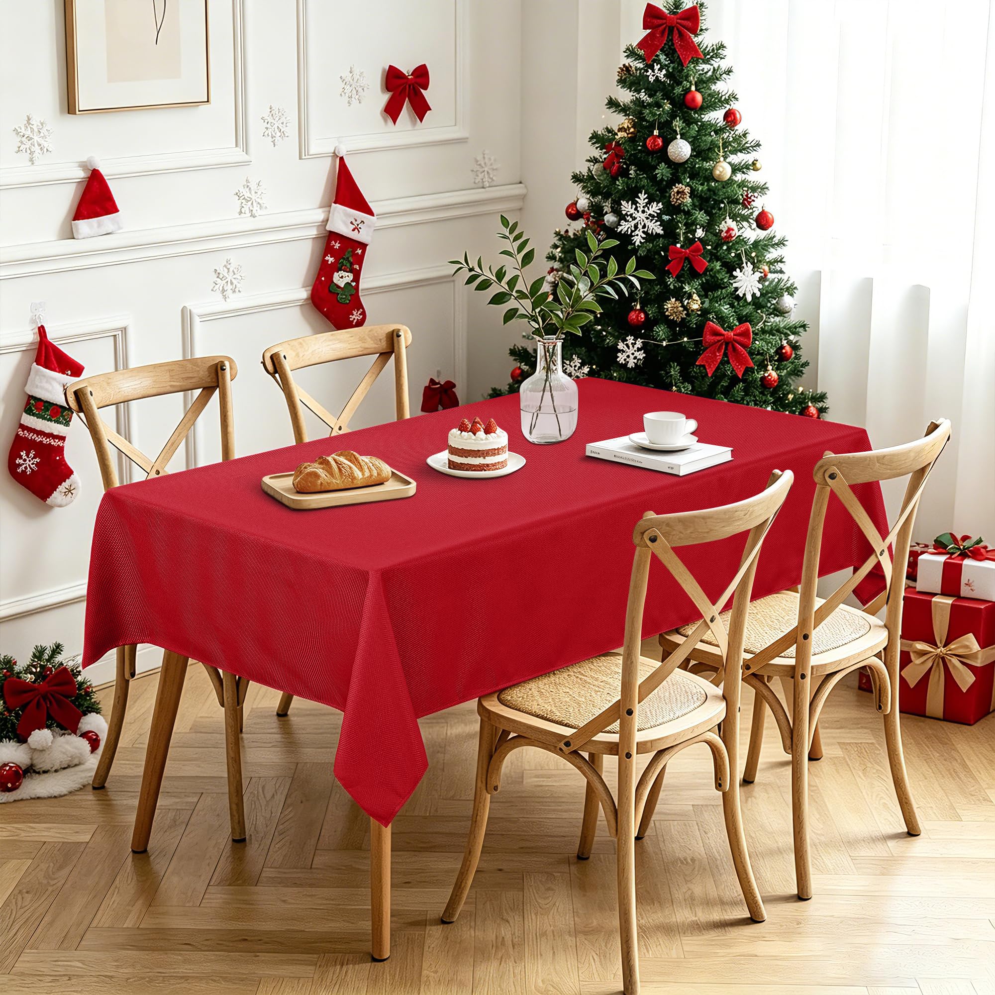 Hiasan Mantel rectangular texturizado, 137 x 274 cm, mantel rojo, impermeable, a prueba de derrames, resistente a las arrugas, resistente a la abrasión, mantel de poliéster para cocina, comedor,