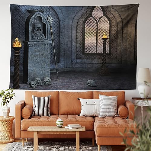 Miniatura 61 de Lunarable Tapiz costero, tumbonas y mar Caribe bajo el parasol naranja, imagen de vacaciones de luna de miel, decoración de tela para colgar