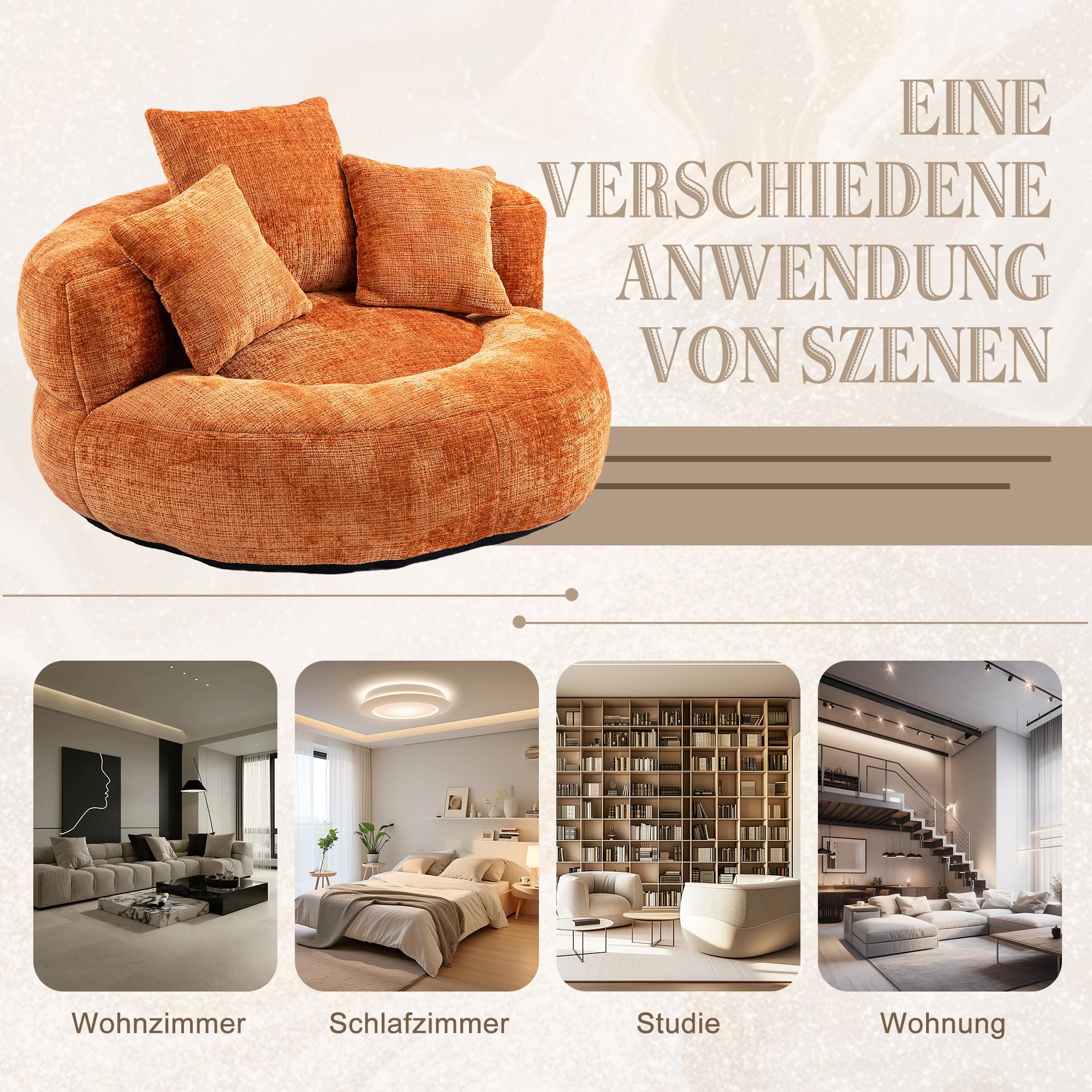 Lazy Sofá de chenilla con respaldo alto, puf con 3 cojines, sillón grande para adultos y niños, silla de juegos suave para salón, dormitorio y oficina, color naranja