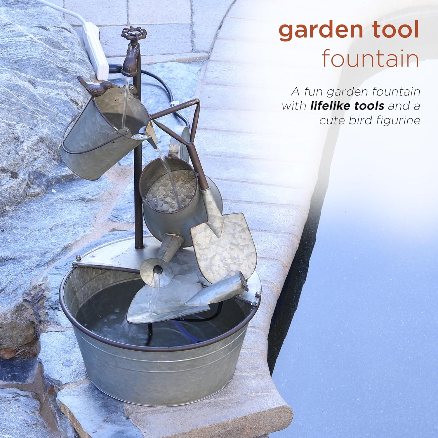 Alpine Corporation YHL106 Outdoor Floor 3-Tiered Metal Garden Tools Water Fountain, Tools and Faucet Waterfall, 28", Gray