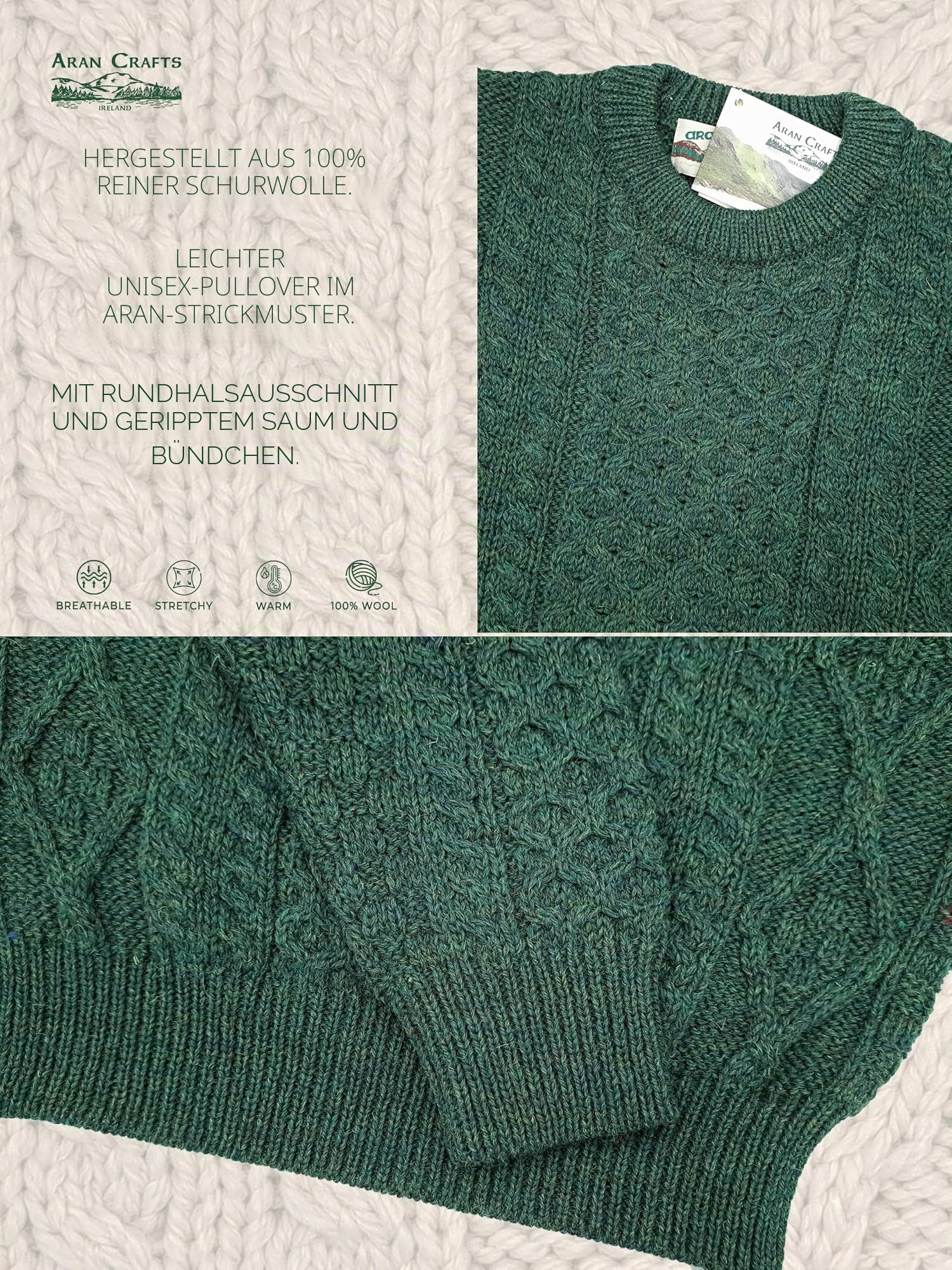 Aran Crafts Irischer weicher Zopfstrickpullover mit Rundhalsausschnitt (100% Reine Schurwolle)