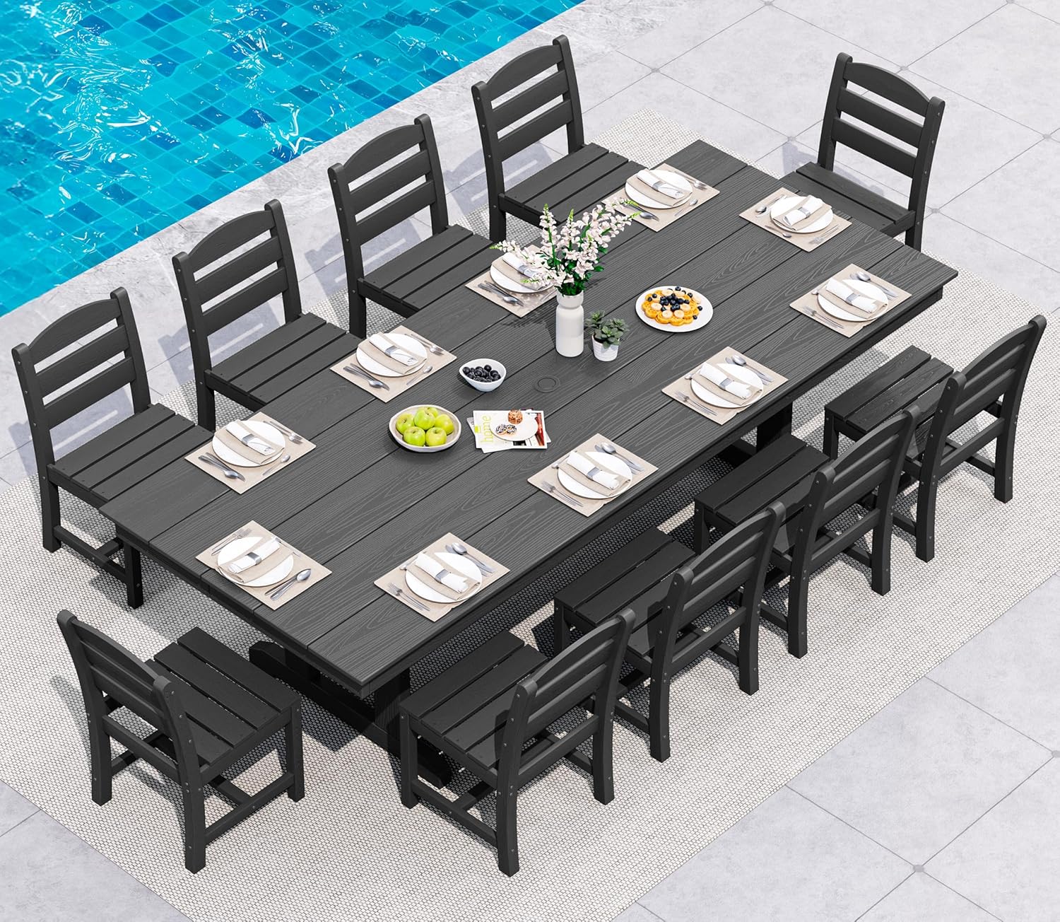 SERWALL 11 Piece Outdoor Dining Set, 84" HDPE Outdoor Table and Chairs for 10，All Weather Patio Furniture Set with Umbrella Hole for Backyard, Garden, Black