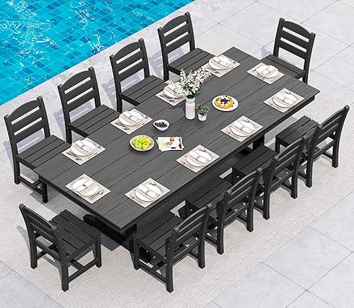 Vista 16 de SERWALL Juego de comedor al aire libre de 11 piezas, mesa y sillas de polietileno de alta densidad de 84 pulgadas para 10, juego de muebles de patio