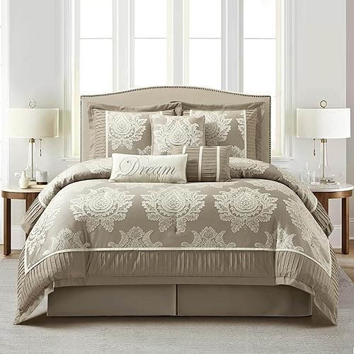 Stratford Park Juego de edredón beige tamaño Queen, juego de cama jacquard de 7 piezas, para todas las estaciones