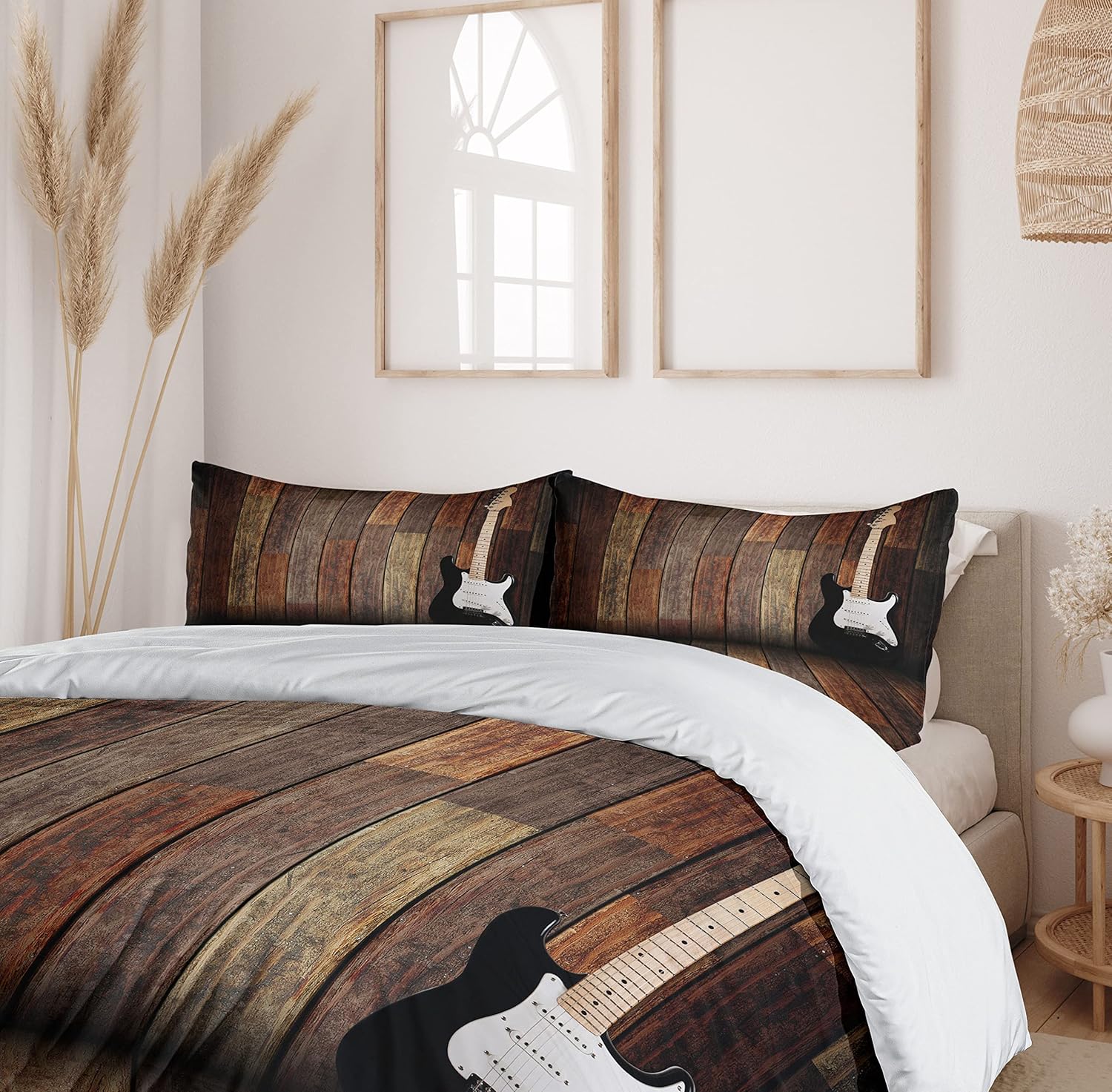 Ambesonne Popstar Party Duvet Cover Set, Electric Guitar in The Wooden Room Country House Interior Music Theme, Decorative 3 Piece Bedding Set with 2 Pillow Shams, King Size, Brown Black White