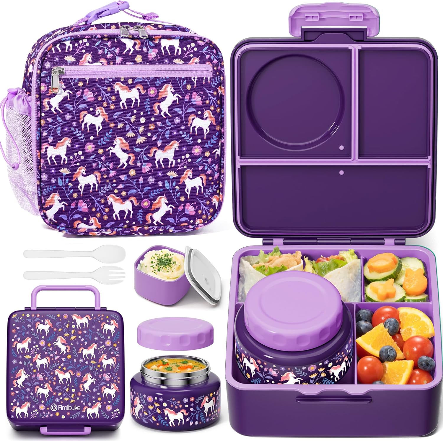 Fimibuke Kids Bento Lunch Box with Thermos, Leakproof Toddler Bento Box with 8.5 OZ Insulated Food Jar, Lunch Bag & Utensils BPA Free Dishwasher Safe 3 or 4 Compartment Container for School Girls Boys