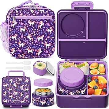 Fimibuke Kids Bento Lunch Box with Thermo, Leakproof Toddler Bento Box with 8.5OZ Insulated Food Jar, Lunch Bag & Utensils BPA Free Dishwasher Safe 3 or 4 Compartment Container for School Girls Boys