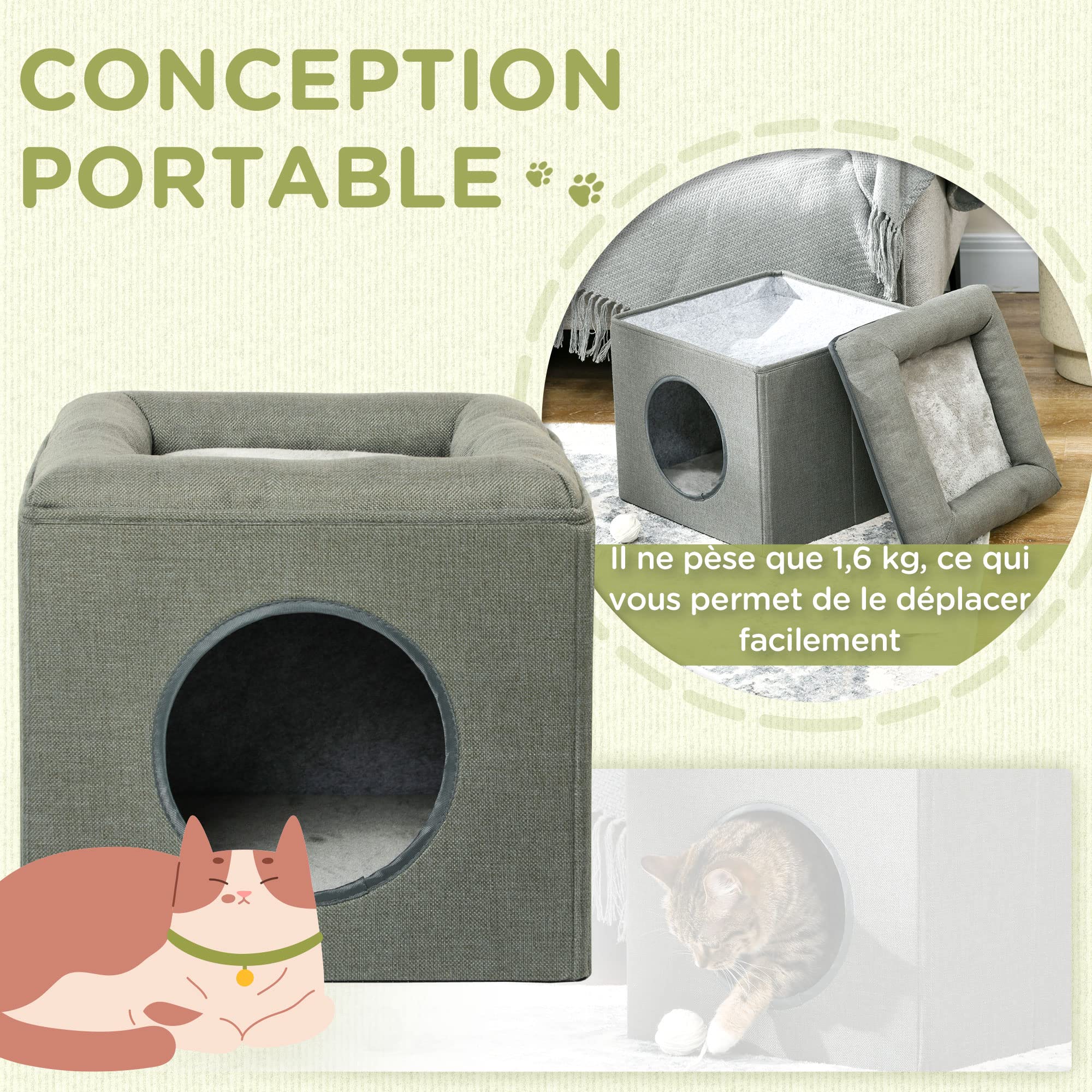 PawHut Maison Niche pour Chat 2 Niveaux avec Coussin Moelleux en Peluche - 36,5 x 36,5 x 33 cm Gris