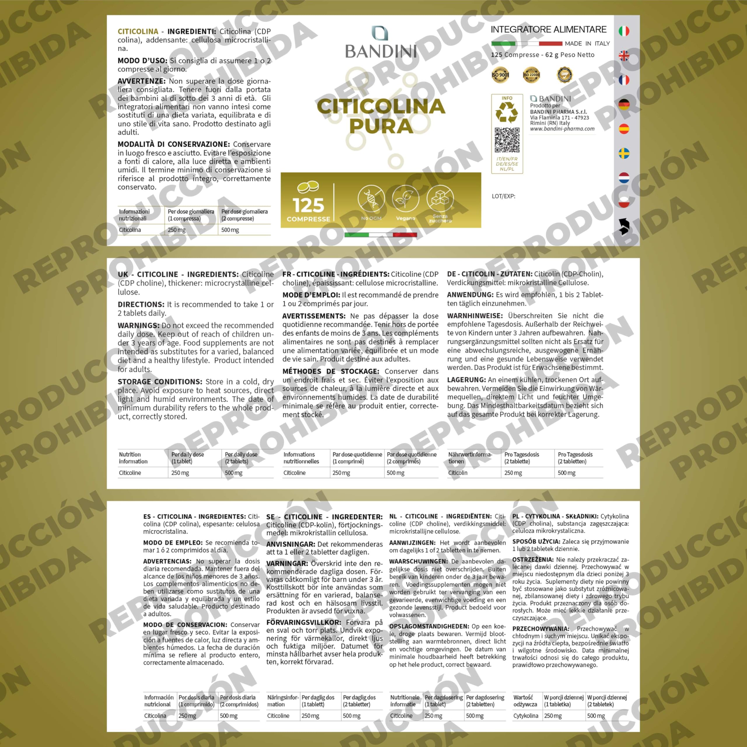 Bandini® Citicolina CDP 500 MG - 125 comprimidos - Suplemento de CPD Colina - Apoyo natural de alta dosis para el funcionamiento normal de las células y dieta equilibrada - Sin aditivos, 100% Vegano