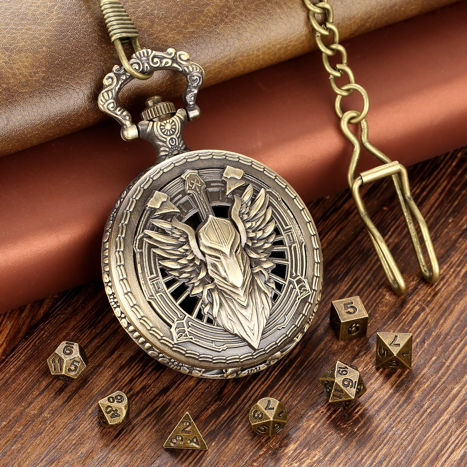 Mini set di dadi con custodia in bronzo cavaliere paladino cavaliere guerriero – Regali di D&D con borsa per dadi, set di 7 dadi in metallo poliedrico D&D, set per principianti per giochi di ruolo da