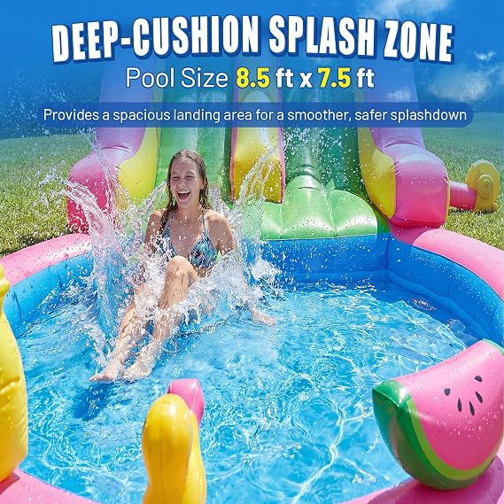 23FT(L) Commercial Inflatable Water Slide for Adults & Teens, Giant Flamingo Blow Up Water Park with 15oz Heavy Duty PVC, 600LB Capacity, Dual Racing Lanes & Splash Pool, Includes 1100W Blower