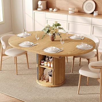 4763 Extendable Round Dining Table for 48, Modern Oval Dining Table with 2-Tier Storage Shelf Space, Expandable Dining Room Table with Fluted Sliding Door for Dining Living Room, Natural