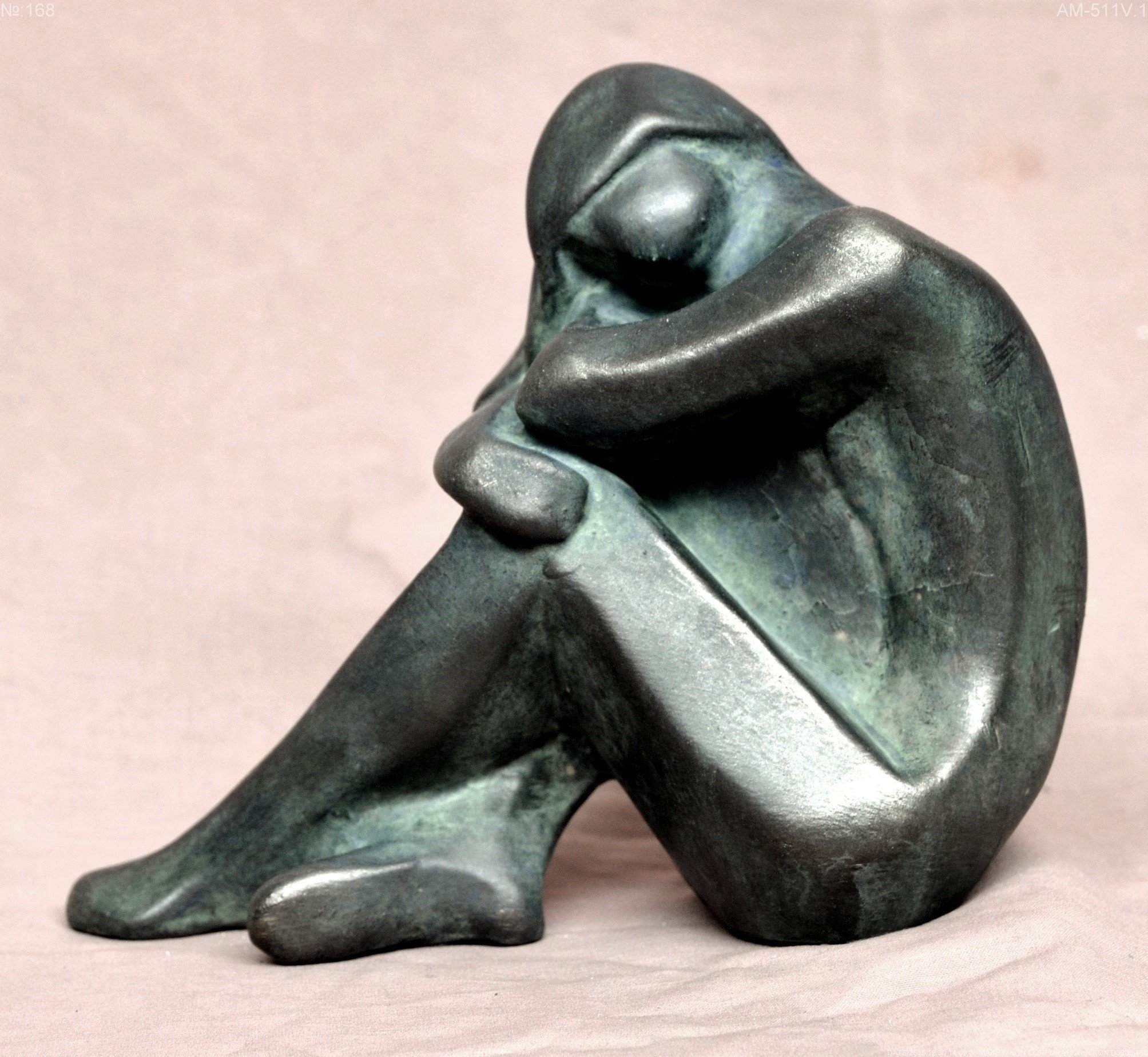 Small sculpture, Handmade, little nude girl, cold cast bronce statuette with green patina