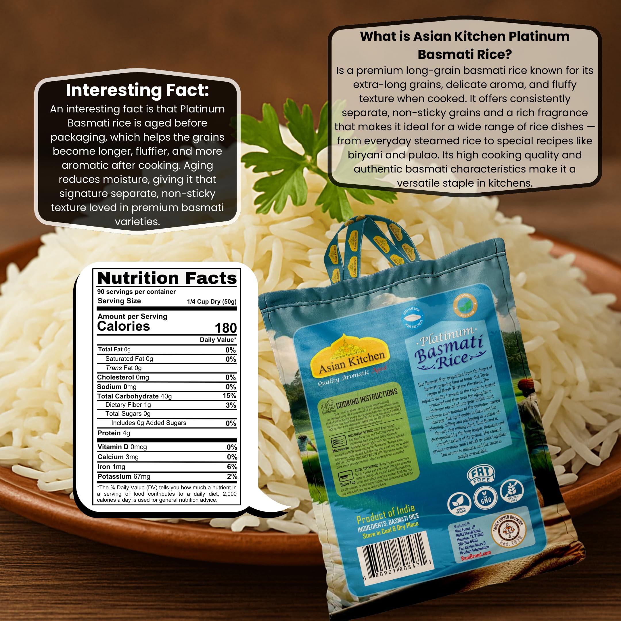Asian Kitchen Platinum White Basmati Rice Extra Long Aged 10lbs (4.54kg) ~ All Natural | Gluten Friendly | Vegan | Indian Origin | Export Quality