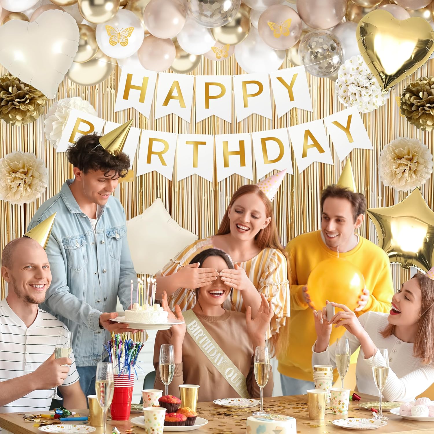 Gold Birthday Party Decorations White and Gold Birthday Decorations for Women Girls with Beige Cream Balloon Arch Sash Golden Tablecloth Banner Backdrop Cake Topper