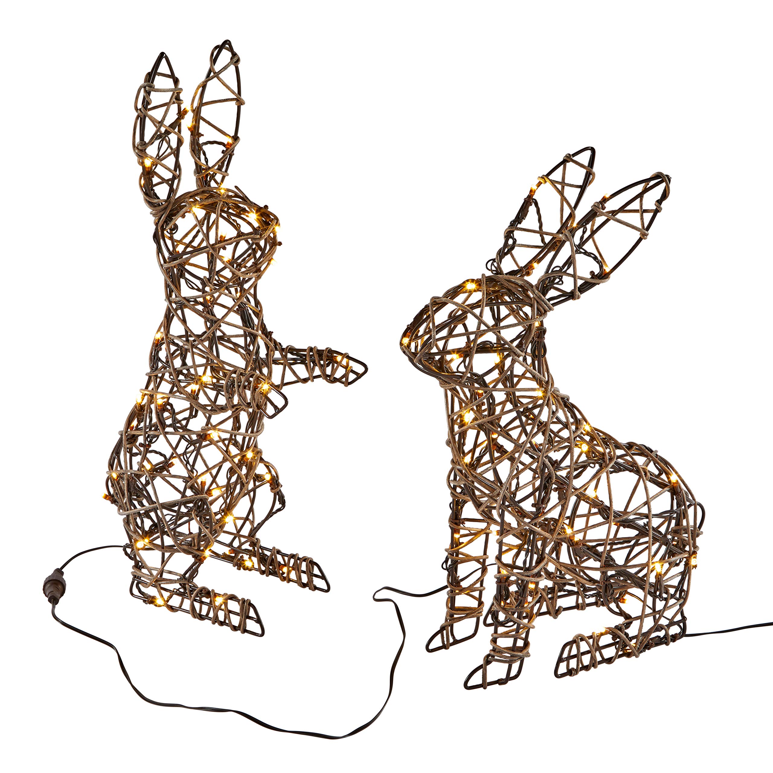 Lights4fun 2er-Pack Springende Rattan-Osterhasen mit insgesamt 100 warmweißen LEDs für den Außenbereich Garten Dekoration Ostern Beleuchtet Figuren mit Timer Bunny