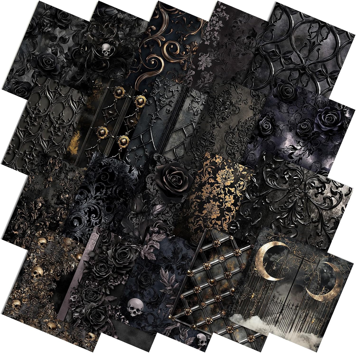 Ganeen 60 Pcs 10 x 10 Inch Black Gothic Halloween Quilting Fabric Squares