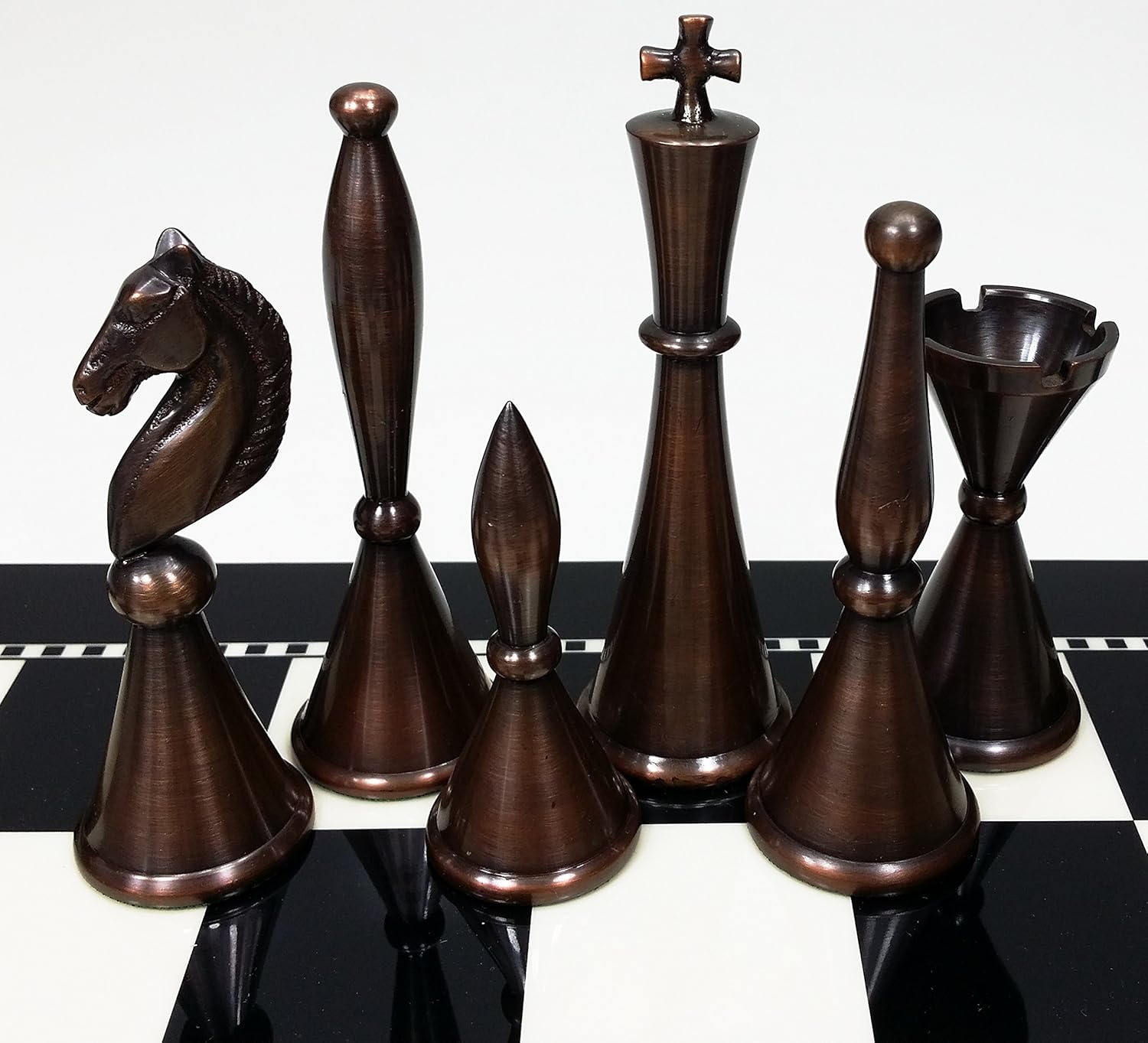 Brass Metal Modern Art Deco Staunton Chess Men Set in Antique Copper and Nickel Finish- NO Board