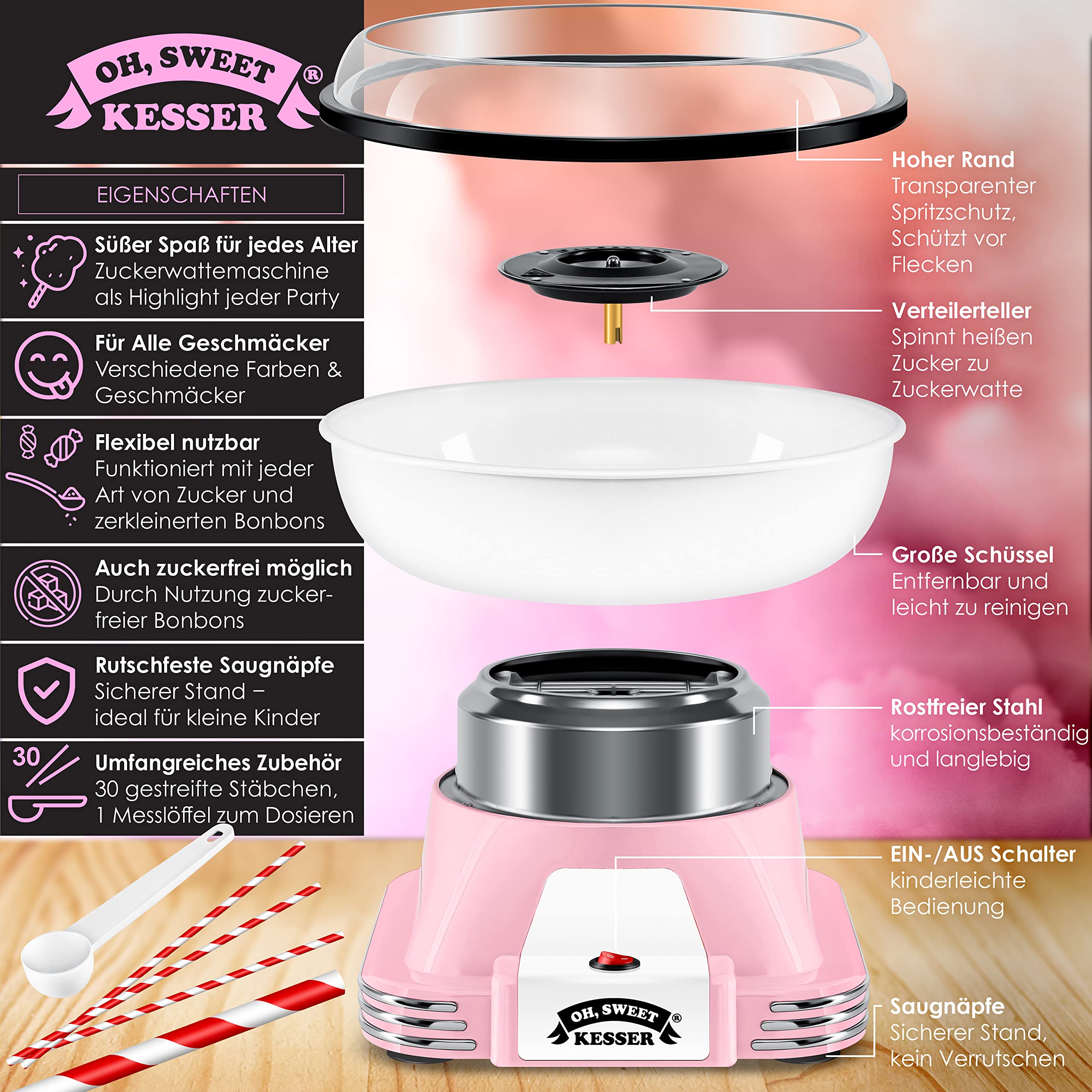 KESSER® Zuckerwattemaschine 500 W 22 cm Retro Cotton Candy Maschine Rosa Weiß Set