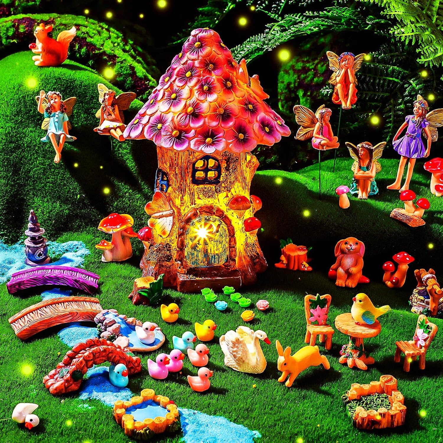 Poen 8'' Solar Light up Fairy House Garden 6-8 Fairy Figures Garden Accessories Kit Animals Doll House Decor Outdoor Micro Landscape Ornaments(Purple)