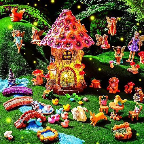 Poen Casa de hadas solar de 8 pulgadas, accesorios de jardín en miniatura, casa de hadas iluminada, 6-8 figuras de hadas, kit de jardín, animales de