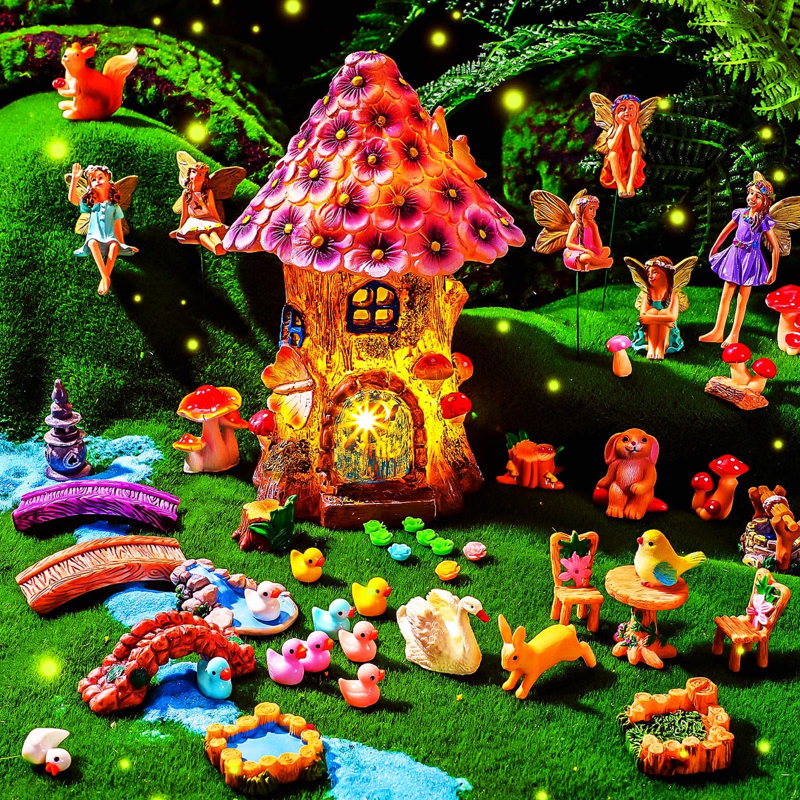 50 Pcs 8'' Solar House Garden Accessories Miniatures Light Up House 6 Figures Garden Kit Animals Doll House Decor Outdoor Micro Landscape Ornaments(Purple)