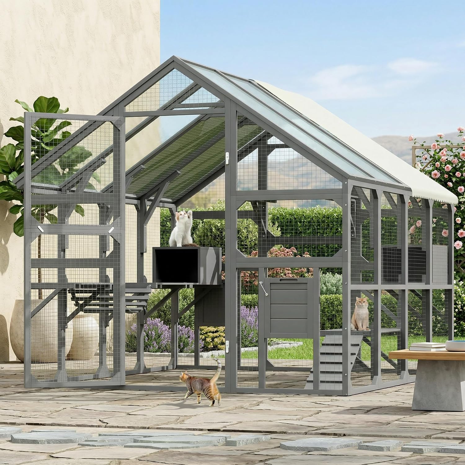 Large Catio Outdoor Cat Enclosure for Backyard and Patio, Walk-in Wooden Cat House with 7 Platforms, 2 Resting Boxes, Bridge and Ramp, Multi-cat Playpen with Weather-Proof Sunshine Board Roof, Gray