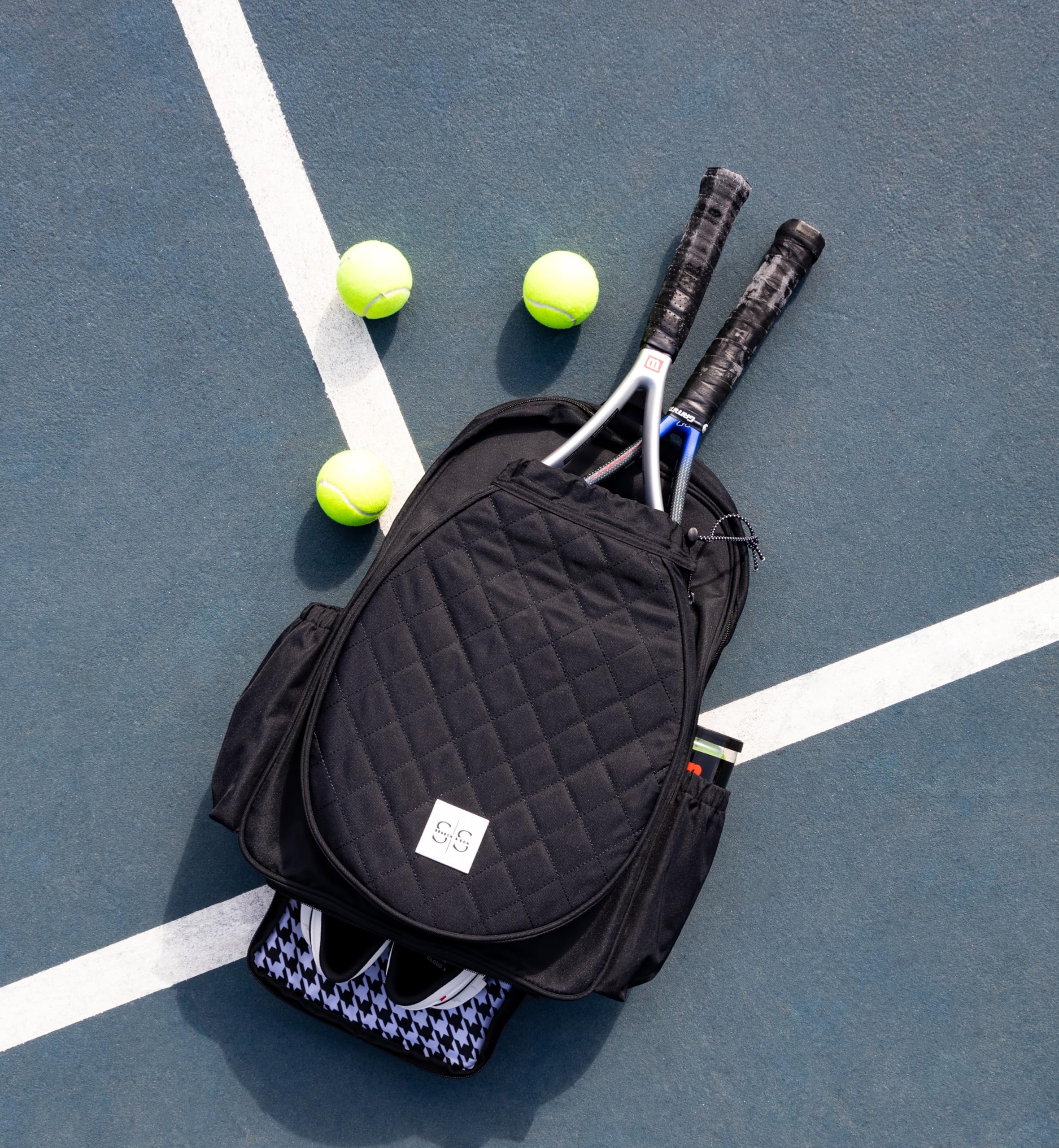 Womens Tennis Bag (Black) - Tennis Racket Bag w/ Vented Shoe Pocket - Tennis Backpack for Men & Women Holds 2 Rackets - Polyester Compact Backpack Storage Organization Bags for Balls, Shoes, & More